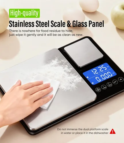 Vista 7 de Digital Dual Platform Kitchen Scale, 33 lb Large & 1.1 lb Mini Food Scale with Dual-Line LCD Display, Stainless Steel, High Precision for Baking