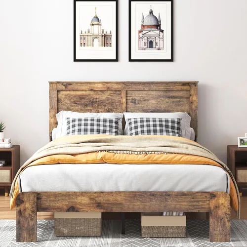 Vista 3 de Marco de cama tamaño matrimonial con cabecero, color marrón oscuro Marco de cama de plataforma de madera rústica con soporte de 12 listones