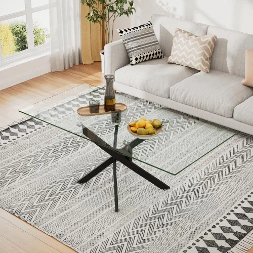 Vista 3 de Mesa de centro de vidrio templado con patas de metal, mesa rectangular moderna para sala de estar en casa, oficina, sala de estar