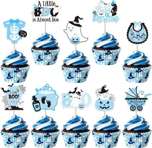 Vista 27 de Paquete de 24 adornos para cupcakes de Halloween con purpurina rosa, fantasma, pequeño abucheo, murciélago, bruja, gato, calabaza, magdalena