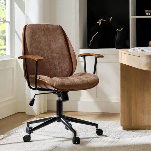 Vista 7 de HULALA HOME Silla de oficina de madera maciza con función mecedora, cómoda silla de escritorio de tela con base de madera doblada y metal, silla