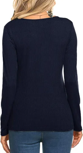 Vista 2 de Tobrief - Camisetas de mujer Henley, cuello en V, manga larga, Botón Abajo, Suéter de Punto Ajustado