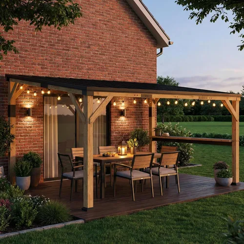 Vista 8 de Outsunny Gazebo de madera de 10'x14' con techo inclinado de acero