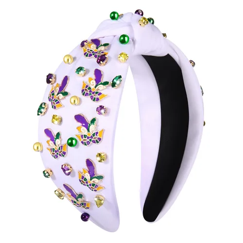 Vista 8 de MOLOCH Diadema de Mardi Gras para mujer, con cuentas moradas, amarillas, verdes, estrellas, diadema anudada, carnaval, joyería de cristal, nudo