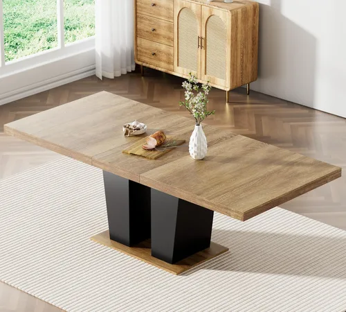 Vista 3 de Juego de 4 mesas de comedor extensibles, mesa de comedor rústica marrón y 4 sillas de comedor de terciopelo negro con patas de madera, juego de mesa