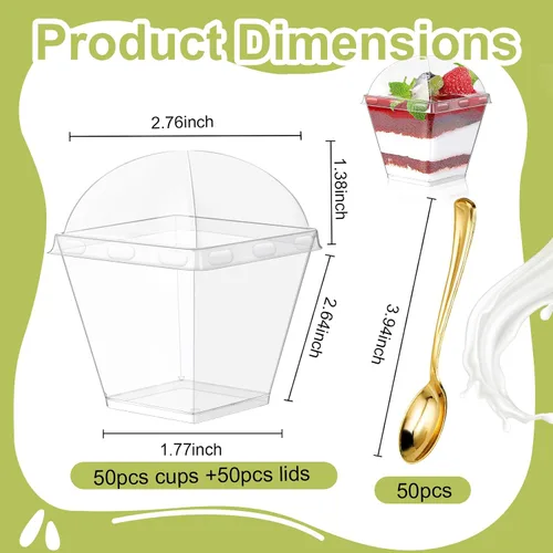 Vista 2 de Paquete de 150 tazas cuadradas de plástico para postre de 8 onzas con tapas de cúpula y mini cucharas doradas, tazas de yogur transparente
