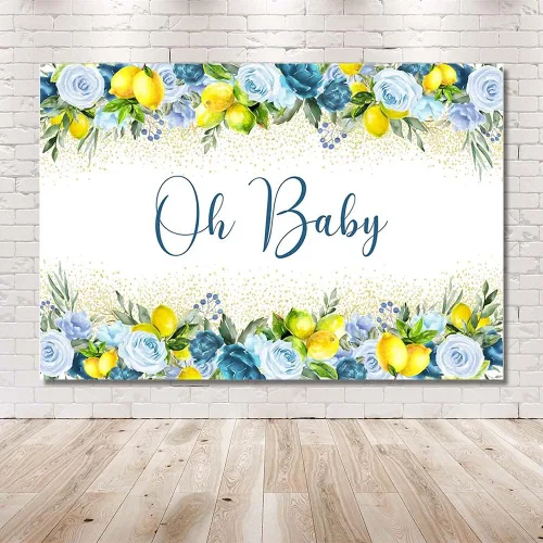 Vista 5 de MEHOFOND Telón de fondo de baby shower de limón de 7 x 5 pies para niño Oh Baby Blue Floral Lemonade Background Party Banner Decoración de mesa