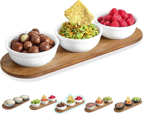 Vista 9 de Artena Juego de 6 Tazas de 177ml de Cerámica Sólida Turquesa para Chips y Dip con Bandeja de Madera de Acacia, Tazas de Servir Pequeñas de 11.4cm