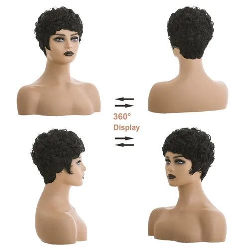 Vista 4 de Pelucas cortas Pixie para mujeres negras, corte Pixie negro natural, pelucas cortas y rizadas afroamericanas, pelo sintético con flequillo
