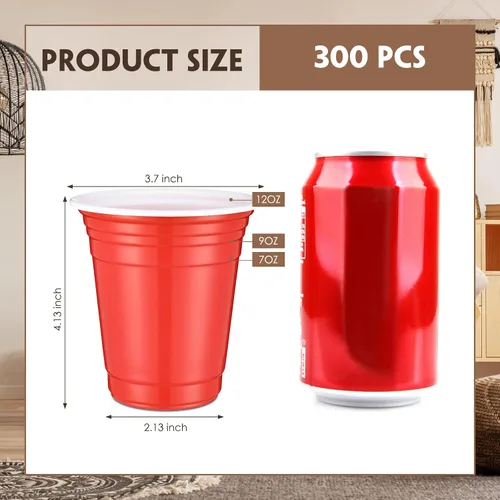 Vista 2 de Zopeal - 300 vasos desechables de plástico de 12 onzas con líneas de llenado Red Coffee Cups, Party Cups for Drinks, Soda, Punch, Barbecues
