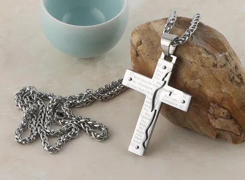 Vista 3 de Hzman -Collar con pendiente para rezo de crucifijo de Jesucristo, de acero inoxidable, para hombres
