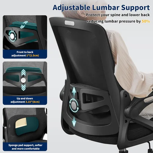 Vista 4 de Silla de Oficina Ergonómica, Silla de Escritorio con Soporte Lumbar Ajustable, Sillas de Computadora Cómodas de Malla Transpirable con Reposabrazos