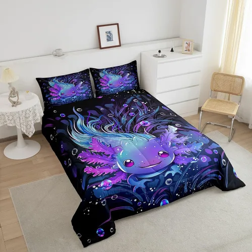 Vista 3 de Feelyou Lindo juego de ropa de cama de ajolote para niños y niñas tamaño twin, juego de edredón de salamandra para niños, mujeres y hombres, edredón