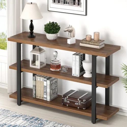 Vista 11 de FOLUBAN Mesa de entrada negra, mesas consola modernas con estantes de almacenamiento de 3 niveles para sala de estar, mesa de sofá de madera y metal