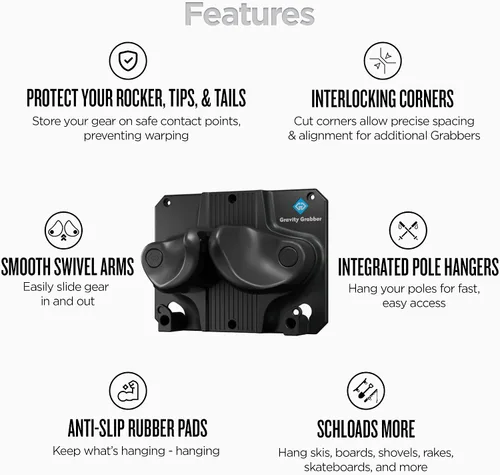 Vista 4 de Gravity Grabber La estantería de pared definitiva para esquís y tablas de snowboard - Se adapta a cualquier esquí o tabla de snowboard - Guarda tus