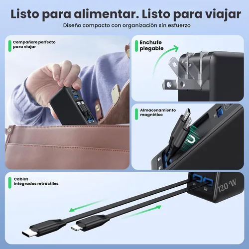 Vista 4 de Bloque de cargador USB C de 120W con 2 cables retráctiles integrados, cargador GaN IV 4 en 1 de carga rápida con enchufe plegable, cargador