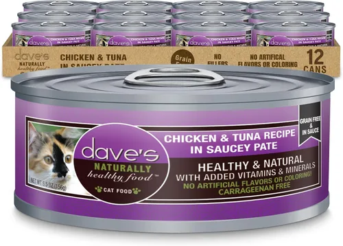 Vista 22 de Dave's Pet Food Grain Free Wet Cat Food (Chicken & Duck Saucey Pate), Naturally Healthy Canned, Added Vitamins & Minerals, Wheat Free, 5.5 oz