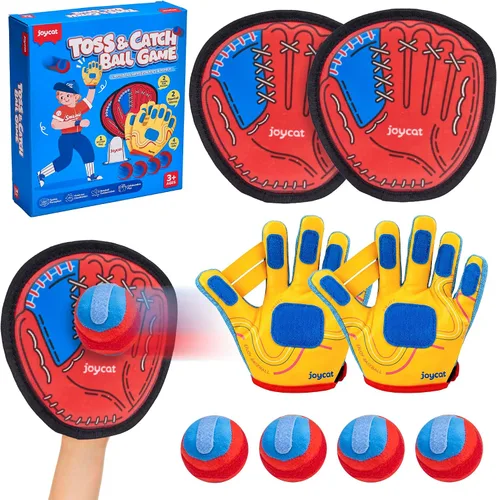 Vista 11 de JoyCat Juego de pelota para lanzar y atrapar con 2 guantes ajustables, 2 bolas adhesivas suaves y bolsa de transporte, juego de guantes de béisbol
