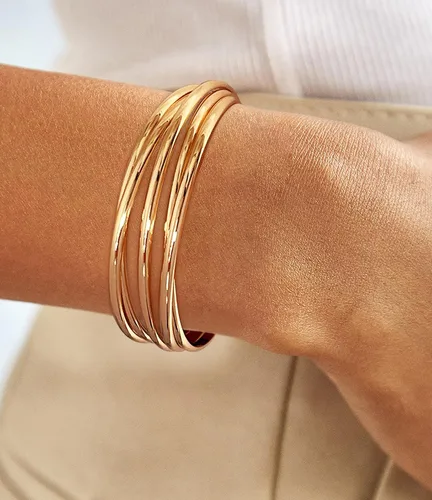 Vista 4 de ENSKEFEN Pulsera dorada para mujer, gruesa y multicapa, con alambre cruzado abierto, hueco, ancho, ajustable, color dorado