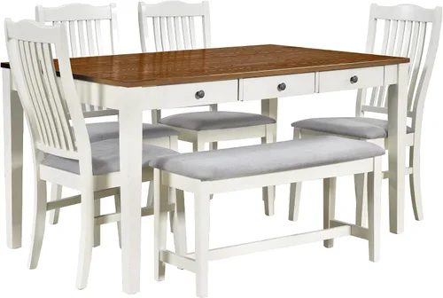 Vista 118 de Juego de mesa de comedor vintage de 6 piezas, juego de mesa de comedor de cocina de madera maciza con 4 sillas ergonómicas acolchadas y banco, mesa