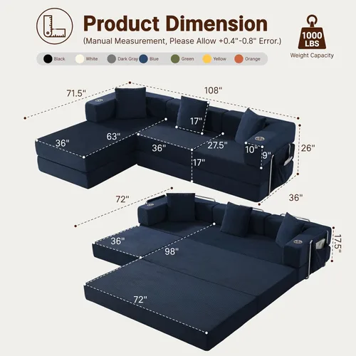 Vista 2 de Sofá modular seccional, sofá en forma de L de 108 pulgadas con Azul