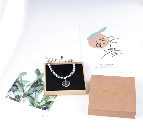 Vista 7 de Estendly - Pulsera de cuentas de acero inoxidable de 6mm con dije en forma de corazón e inicial, 26 letras, ideal como regalo de cumpleaños