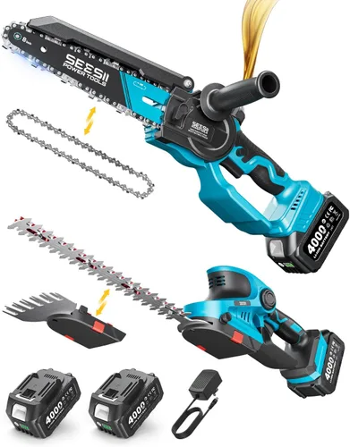 Vista 15 de SEESII Mini motosierra sin escobillas de 6 pulgadas, sierra de mano con 2 baterías de 2000 mAh, motosierra inalámbrica con engrasador automático