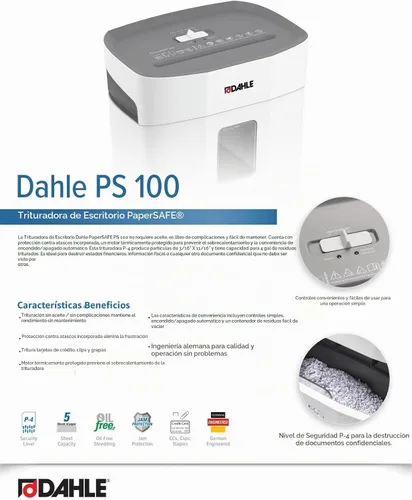 Vista 6 de Dahle PaperSAFE PS 100 - Trituradora de papel, sin aceite, protección contra atascos, nivel de seguridad P-4, 5 hojas máximas, grapas