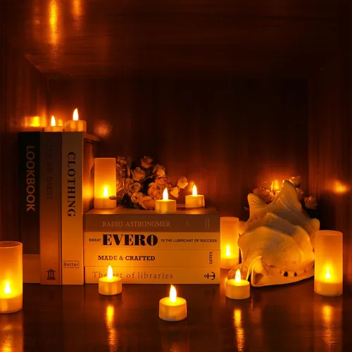Vista 2 de Esup Velas recargables sin llama, parpadeantes, 12 unidades, con base blanca, decoración de fiestas, bodas, bar, familia, cena al aire libre picnic