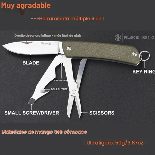 Vista 7 de Ruike Llavero Cuchillo de Bolsillo Pequeño, Multiherramienta Plegable 6 en 1, Acero Inoxidable 12C27, Mango G10, Equipo Táctico de Camping EDC Mini