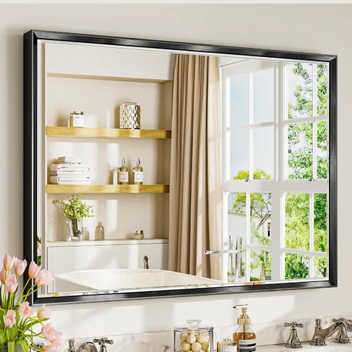 Vista 40 de Espejo de baño negro, espejo de baño biselado de 16 x 24 pulgadas para pared, espejo con marco negro antioxidante para decoración de baño, sala