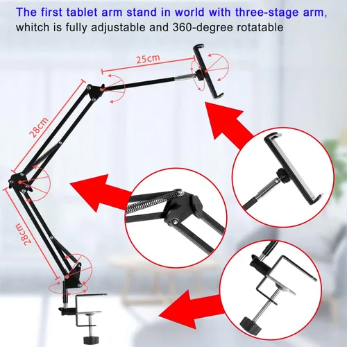 Vista 7 de Soporte para tablet ajustable, soporte plegable para cama, soporte universal flexible de aluminio para tableta con rotación de 360 grados