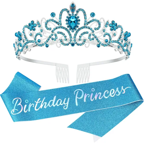 Vista 14 de VELSCRUN Tiaras de coronas de princesa de cumpleaños, banda de cumpleaños para niñas, decoraciones de feliz cumpleaños/accesorios para mujer Rosa