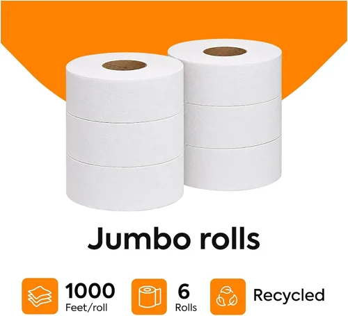 Vista 2 de Coastwide Papel higiénico profesional reciclado jumbo, 2 capas, blanco, 1000 pies/rollo, 6 rollos/caja