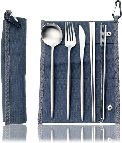 Vista 27 de JASHII Juego de cubiertos de viaje de acero inoxidable, tenedor, cuchara, cuchillo, pajilla, cubiertos reutilizables con estuche, juego de Rosa