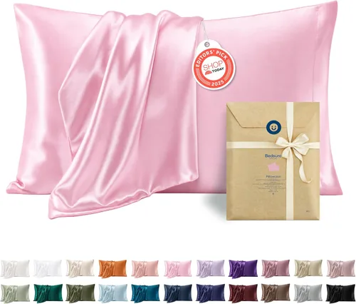 Vista 38 de Bedsure Paquete de 2 fundas de almohada de satén similares a las fundas de almohada de seda tamaño estándar, funda de almohada para mujeres que