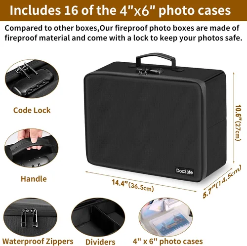 Vista 4 de DocSafe - Caja de almacenamiento de fotos con cerradura, caja organizadora de fotos ignífuga con 16 fundas interiores de 4 x 6 pulgadas Transparente