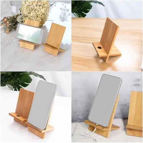 Vista 7 de Soporte de bambú para teléfono celular con orificio de carga, soporte de madera desmontable para teléfono móvil para escritorio, soporte de tableta