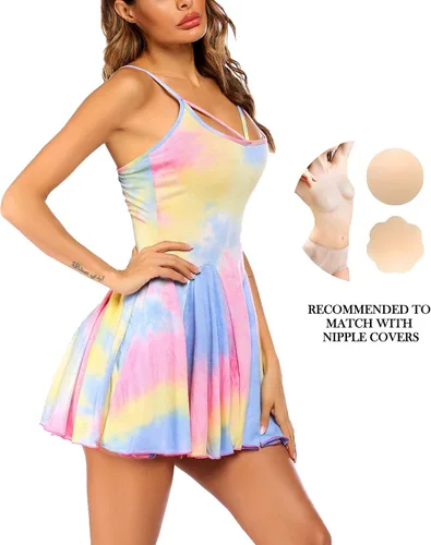Vista 2 de ADOME Vestidos sexys para mujer sin mangas con tirantes delgados minivestido de fiesta con dobladillo con volantes