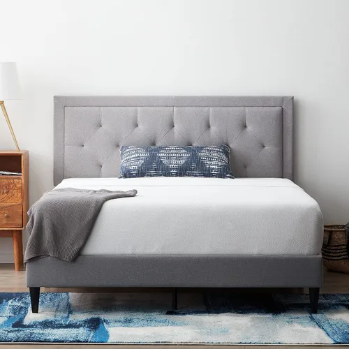 Vista 10 de Lucid - Cama de plataforma tapizada con cabecera de diamante con estructura de madera resistente, no requiere somier, King, carbón