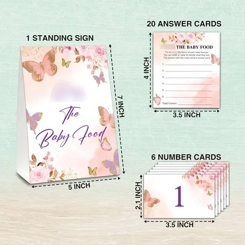 Vista 2 de Find The Baby Food Party Games, juego de mariposa para baby shower (1 letrero de pie + 20 tarjetas de respuesta + 6 tarjetas de números), color rosa