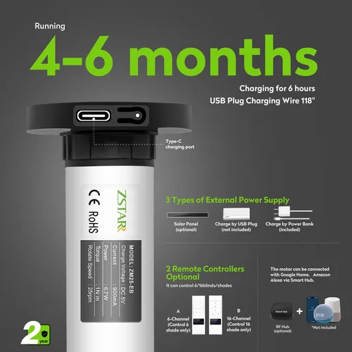 Vista 4 de ZSTARR Persianas enrollables motorizadas de filtrado de luz con control remoto, persianas inteligentes recargables compatibles con Alexa Google a