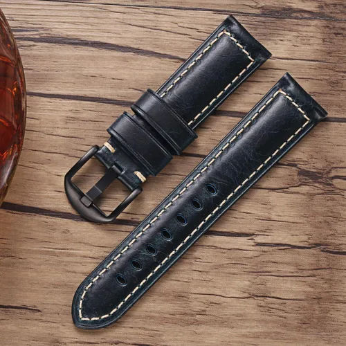 Vista 4 de Carty Mens Oil Wax Calfskin Handmade Leather Watch Band 20mm 22mm 24mm Watch Straps Black Brown Blue Vintage