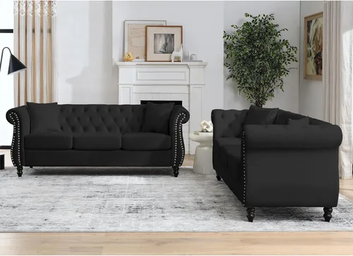 Vista 3 de 80" Black Velvet Chesterfield Sofa for Living Room,2 Pcs 3 Seater Sofa Button Tufted Nailhead Trimming Rolled Arms with Wood Frame with 4 Pillows