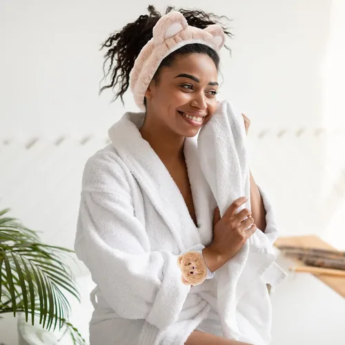 Vista 8 de WHAVEL Juego de 3 bandas para el cabello, diadema de spa y pulsera con lindas orejas de oso, bandas de lavado facial para mujeres y niñas (café 01)
