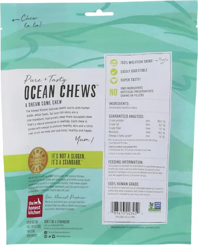 Vista 2 de The Honest Kitchen Golosinas para perros Human Grade Ocean Chews™ Hearty Wolffish Skins, 3.25 oz (Beams™)