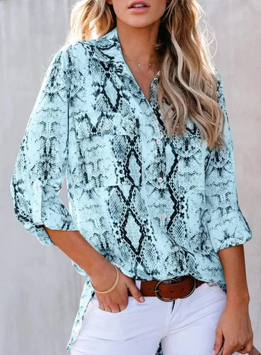 Vista 2 de Astylish Blusa tipo túnica con botones para mujer, con estampado de serpiente, 3 y 4 pestañas