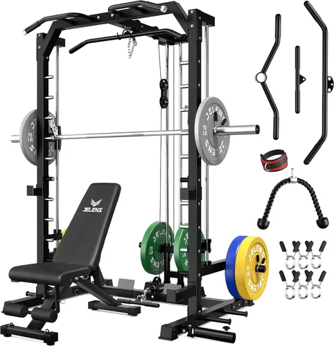 Vista 14 de JELENS SR01 Smith Machine, jaula de potencia multifunción de 2000 libras con sistema de extracción LAT, estante para sentadillas todo en uno