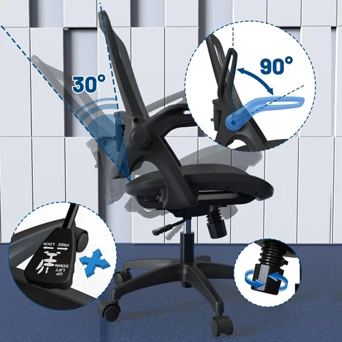Vista 4 de Silla de oficina de malla ergonómica giratoria para el hogar, cómoda silla de computadora moderna negra con soporte lumbar ajustable, cómoda silla