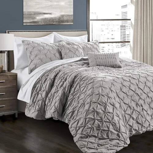 Vista 9 de Lush Decor Ravello Pintuck Juego de Edredón – Juego de ropa de cama texturizada de lujo de 5 piezas – Decoración tradicional de dormitorio inspirada